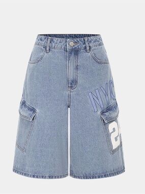 Light Blue Denim Cargo Bermuda Shorts with NYC Graphic